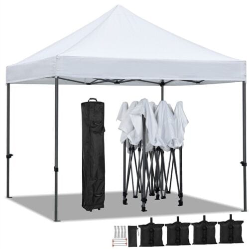 A white canopy tent with a set of chairs and umbrellas.
