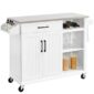 A white kitchen cart with a bottle of wine and food in it.