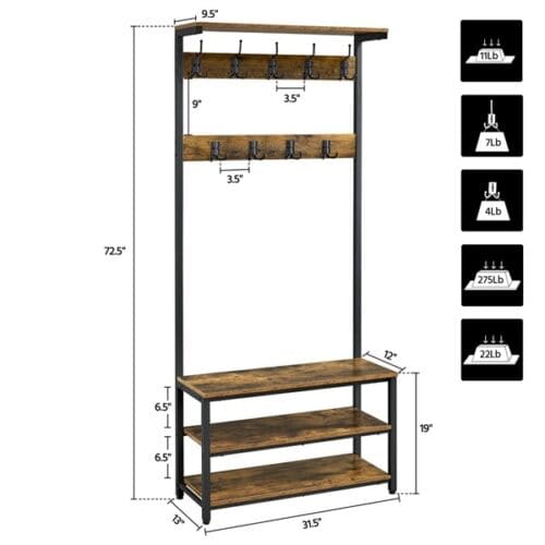 A wood and metal coat rack with shelves.