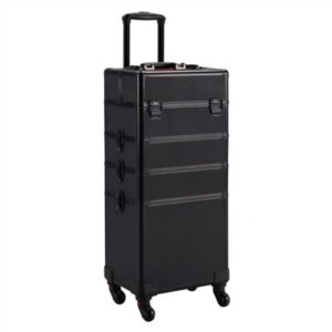 A black suitcase with wheels.