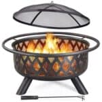 A fire pit with a mesh cover.