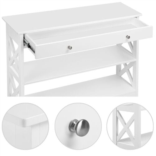A white table with a drawer.