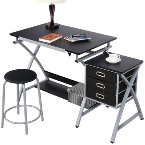 A black and silver desk with a lamp and a stool.