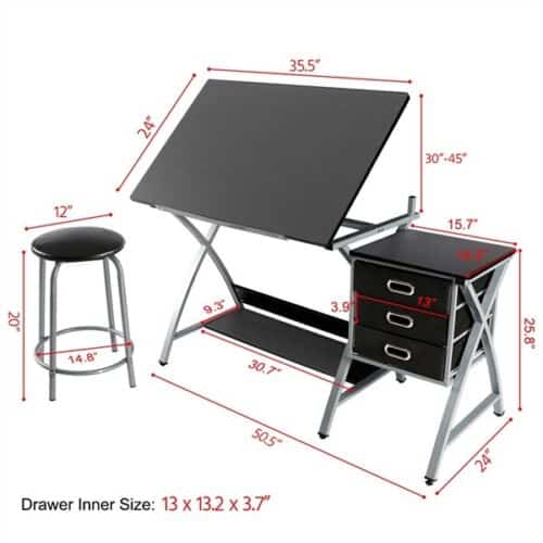 A drawing table with a stool and drawer.