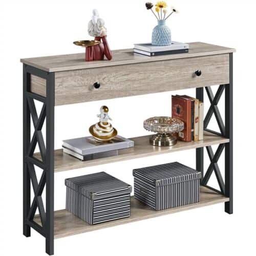 A table with shelves and objects on it.