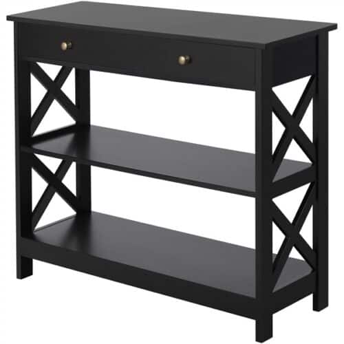 A black table with a drawer.