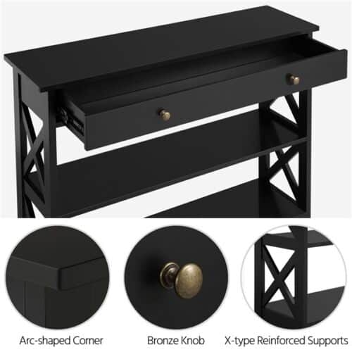A black table with a drawer.