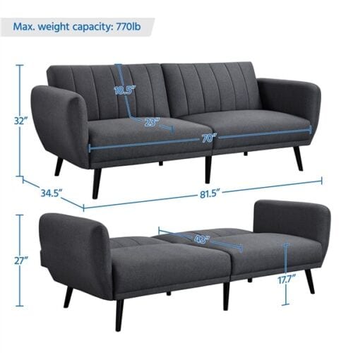 A grey couch with blue lines.