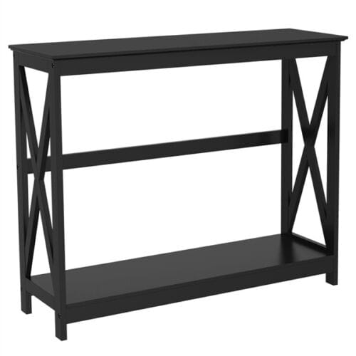 A black table with a shelf.