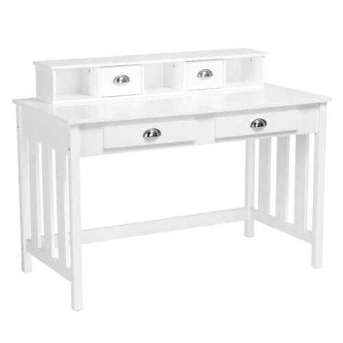 A white desk with drawers.