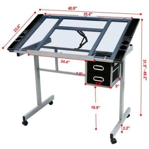 A drawing table with red lines.