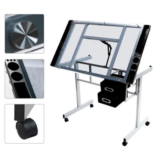 A drawing table with a glass top.