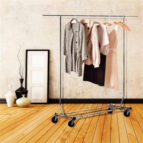 A rack with clothes on it.