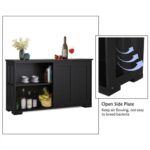 A black cabinet with a shelf and a bottle of wine.