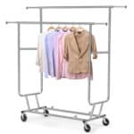 A rack with clothes on it.