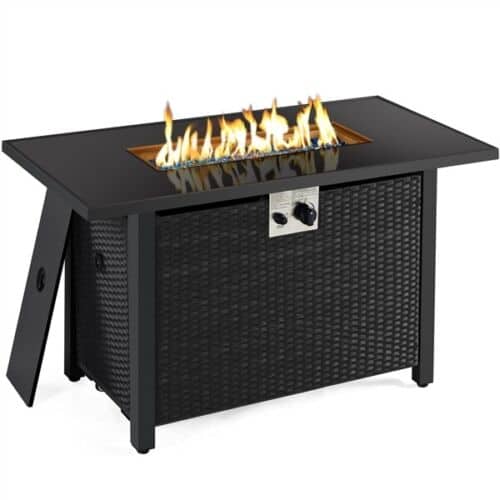 A black fire pit with flames on top.