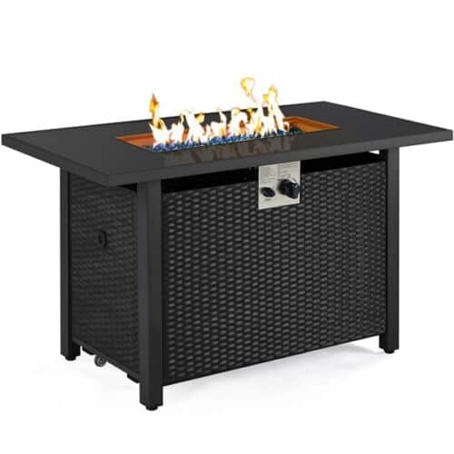 A black outdoor fire pit table with a fire pit.