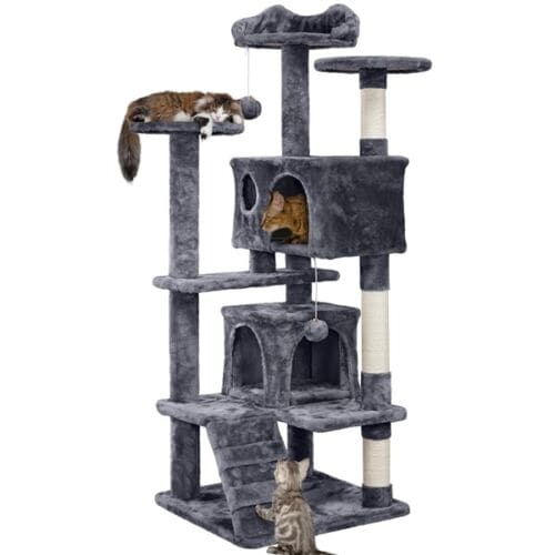 A cat scratching tree with two cats on it.