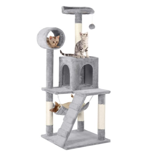A grey cat tree with three cats on it.