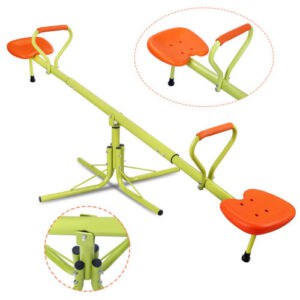 A green and orange swing set with two seats.