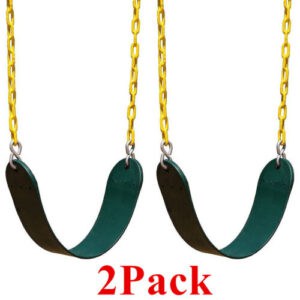 Two green and yellow swings with chains.