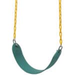 A green and yellow swing with a chain.