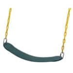 A green and yellow swing with chains on a white background.