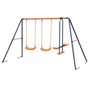 An orange and blue swing set on a white background.