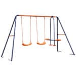 A swing set with orange and blue swings.