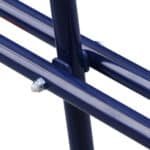 A close up of a blue metal railing.