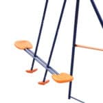 A blue and orange swing set on a white background.