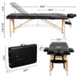 A black massage table with measurements and measurements.