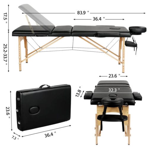 A black massage table with measurements and measurements.