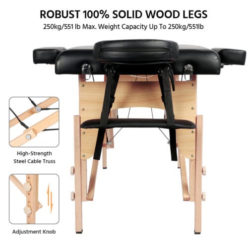 An image of a massage table with a solid wood leg.