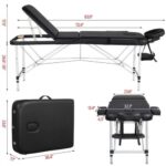 A black massage table with measurements and measurements.