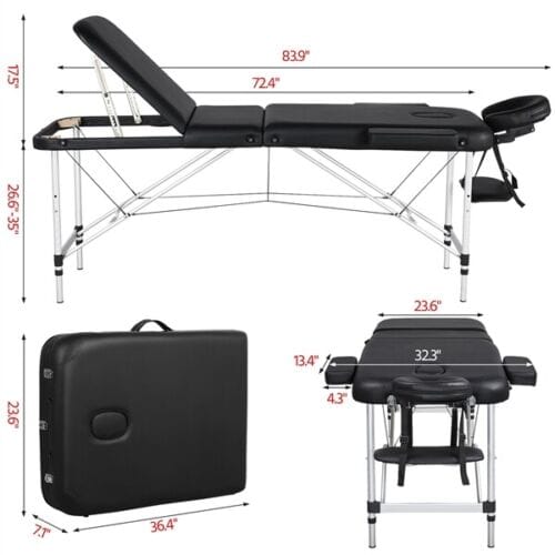 A black massage table with measurements and measurements.