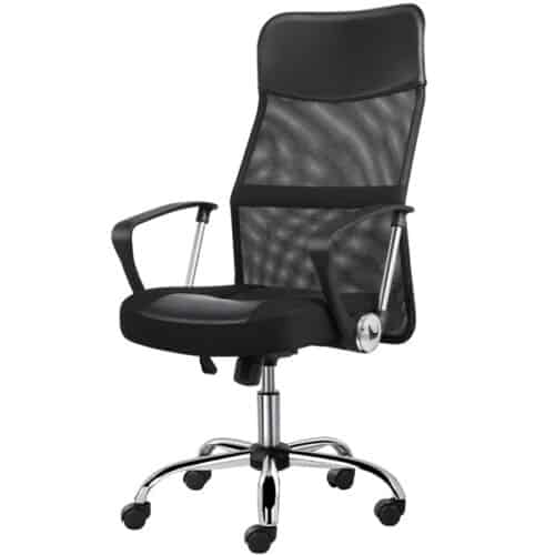 A black mesh office chair on a white background.