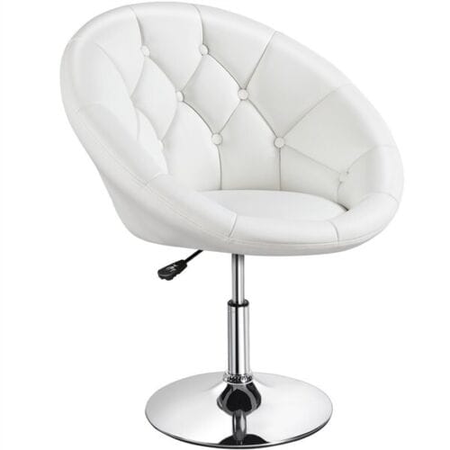 A white leather swivel chair on a chrome base.