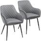 Two grey velvet dining chairs with black legs.