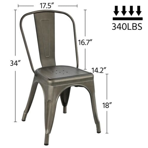 An image of a metal dining chair with measurements.