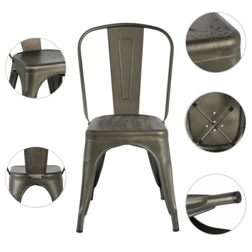A set of four metal chairs with different parts.