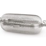 A silver mesh basket with handles on a white background.