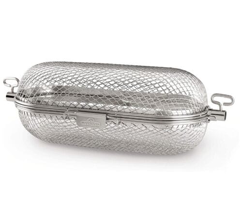 A silver mesh basket with handles on a white background.