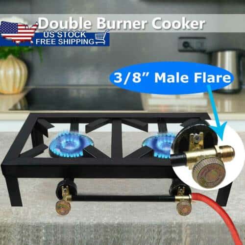 A double burner cooker with a flame on top of it.