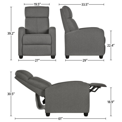 The measurements of a grey recliner chair.