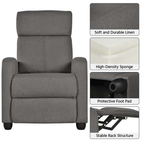 A gray recliner chair with different features.