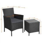 A black wicker patio chair and ottoman with measurements.