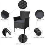 A black wicker dining chair with different features.