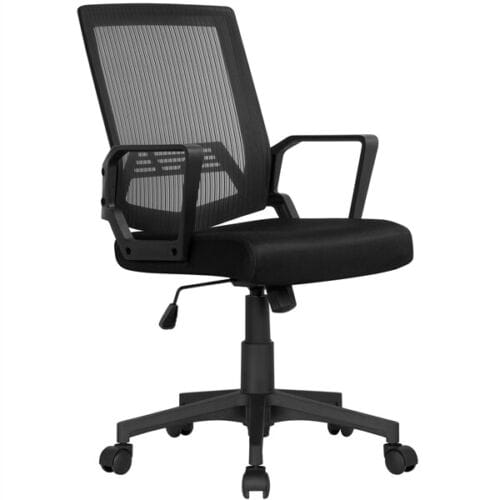 A black mesh office chair with arms.
