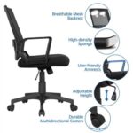 A black mesh office chair with different features.